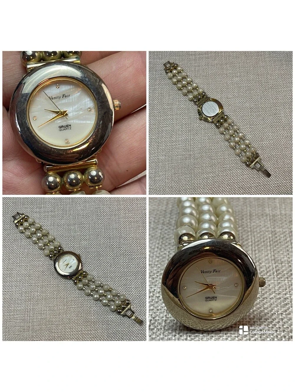 Vanity Fair Gruen Womens Watch 33mm Gold Tone Faux Pearl Band New Battery 7.5